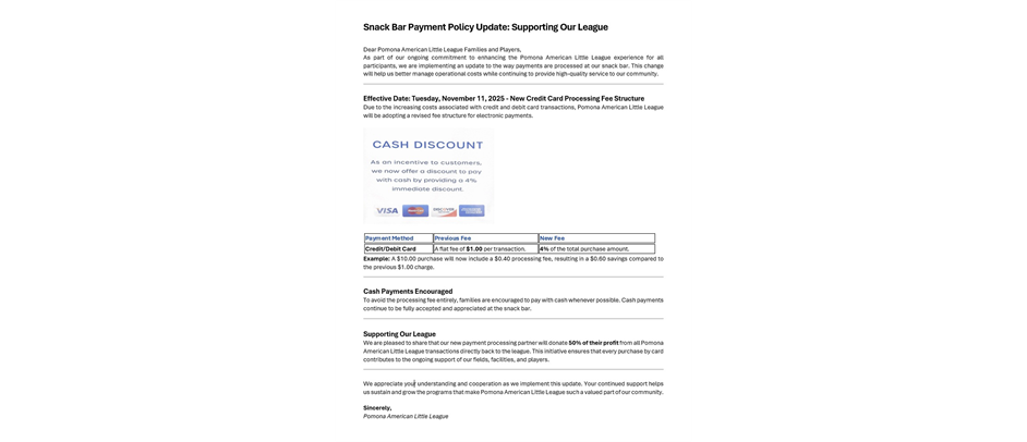 CASH DISCOUNT at Snack Bar